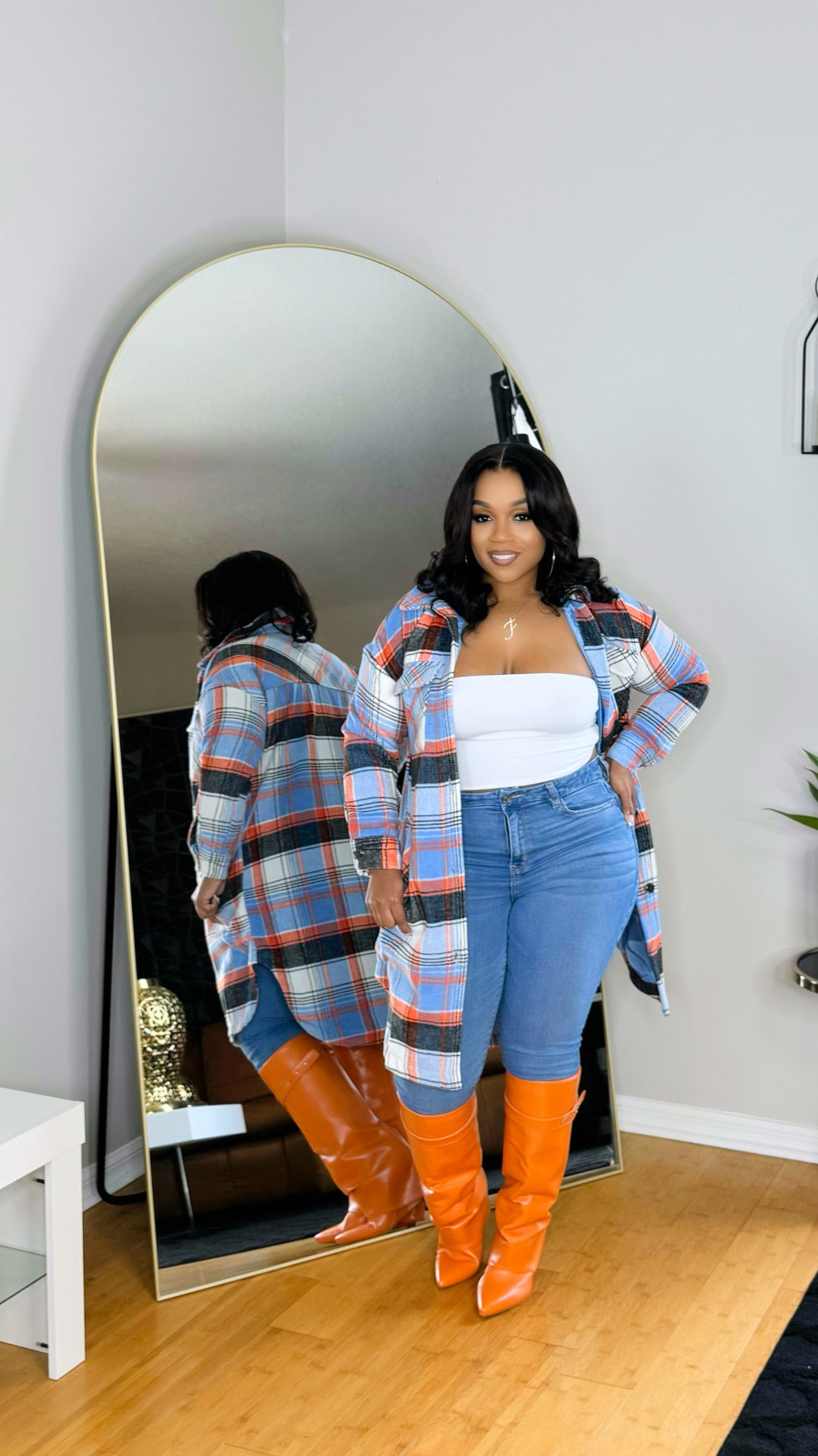 Plaid Shacket- Orange Mix