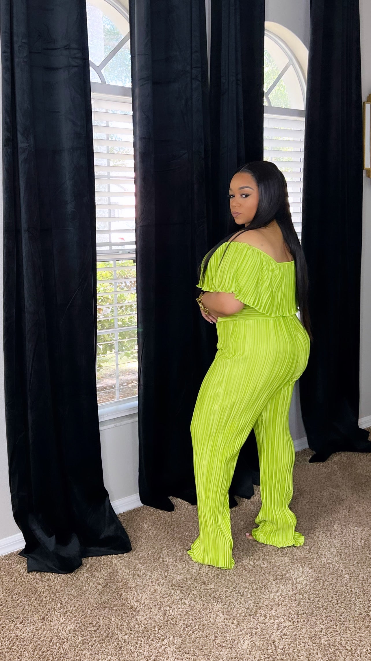 Off Shoulder Two Piece Pant Set- Lime