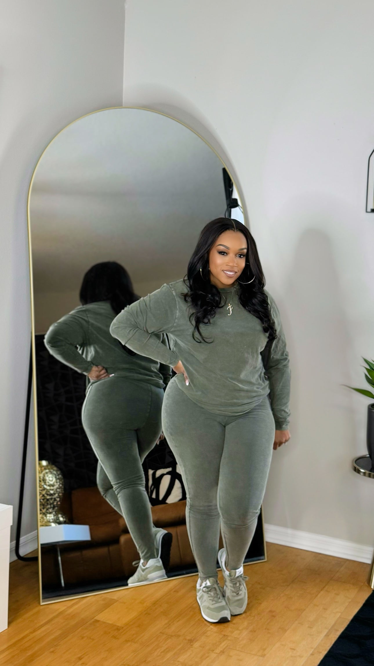 Mineral Washed Long Sleeve Set- Olive