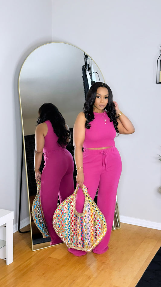 Textured Pant Set- Magenta