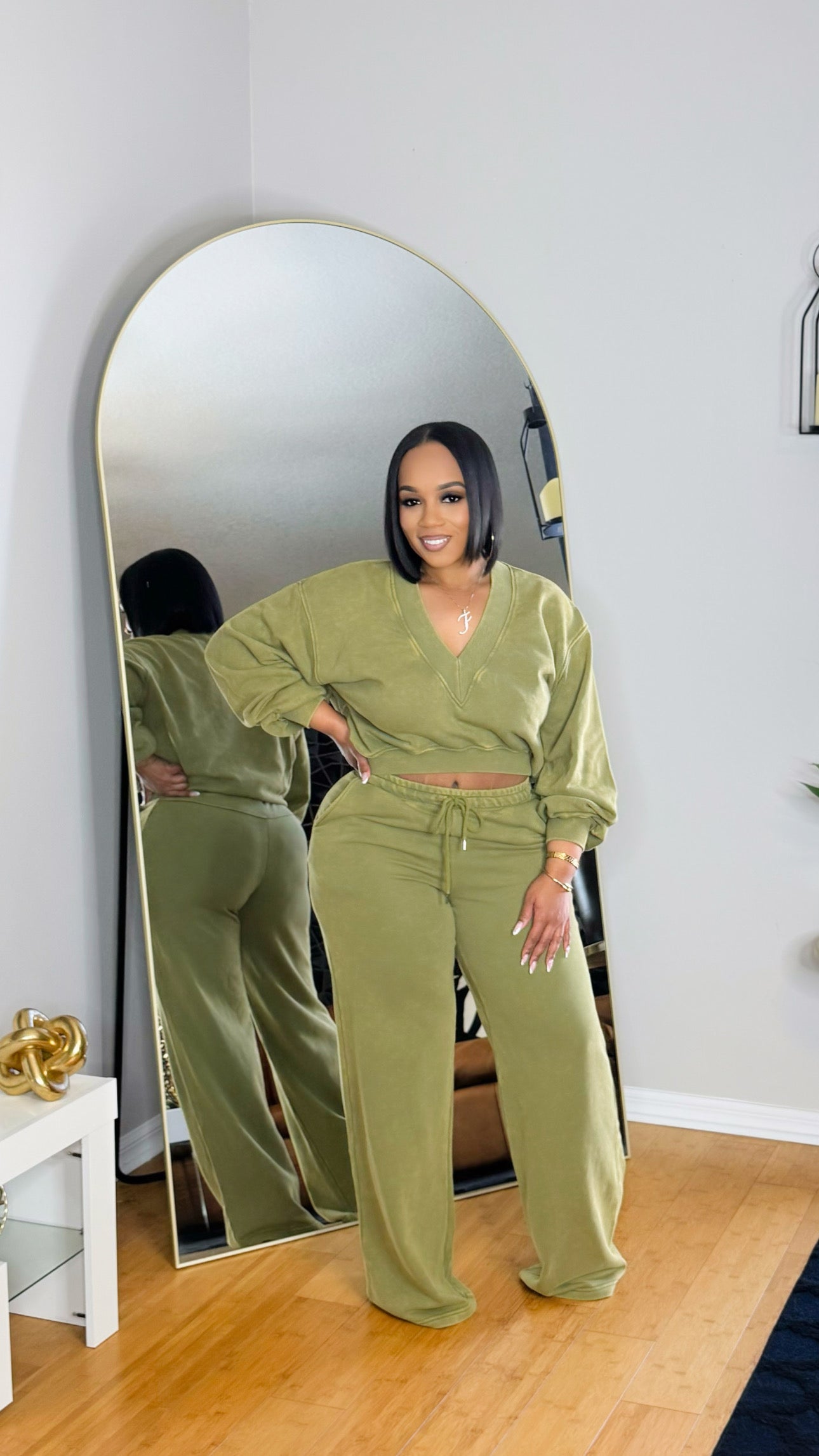 Deep V Washed Set- Olive Mustard