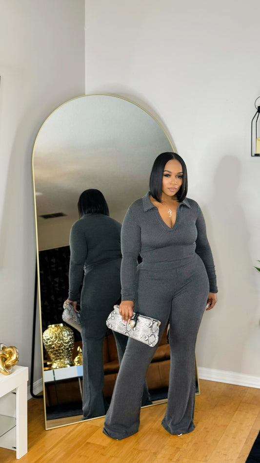 Fall Breeze Long Sleeve Set- Charcoal