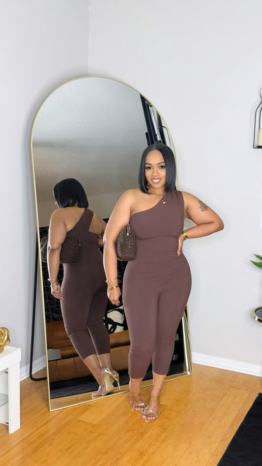 One Shoulder Capri Jumpsuit- Brown
