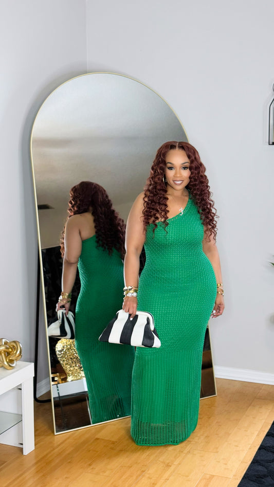 One Shoulder Crochet Maxi- Green