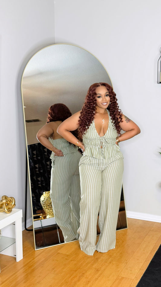 Linen Halter Neck Set- Sage